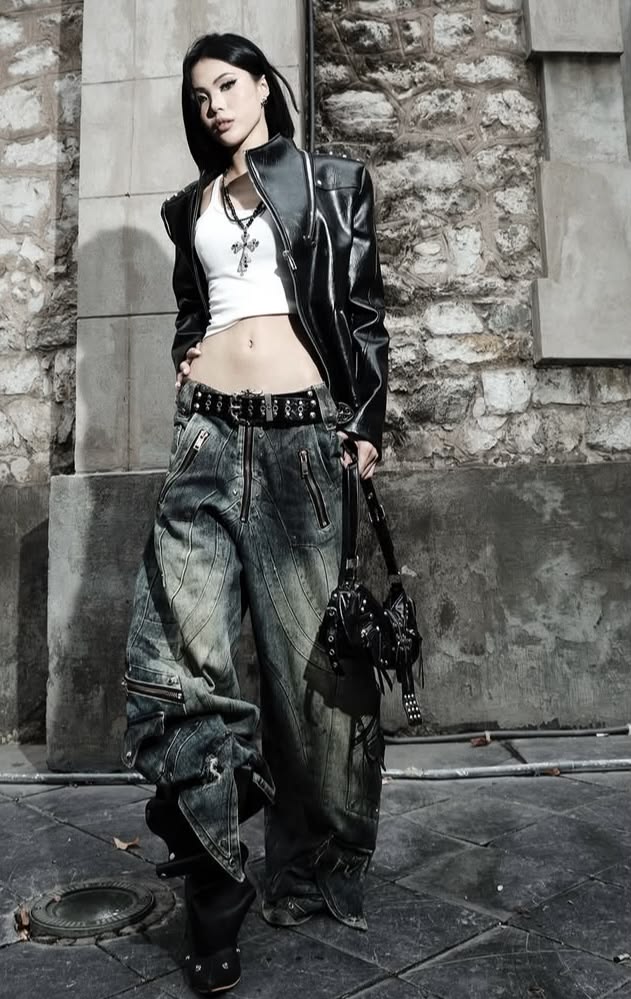 Look 04: cropped leather jacket, washed wide-leg denim